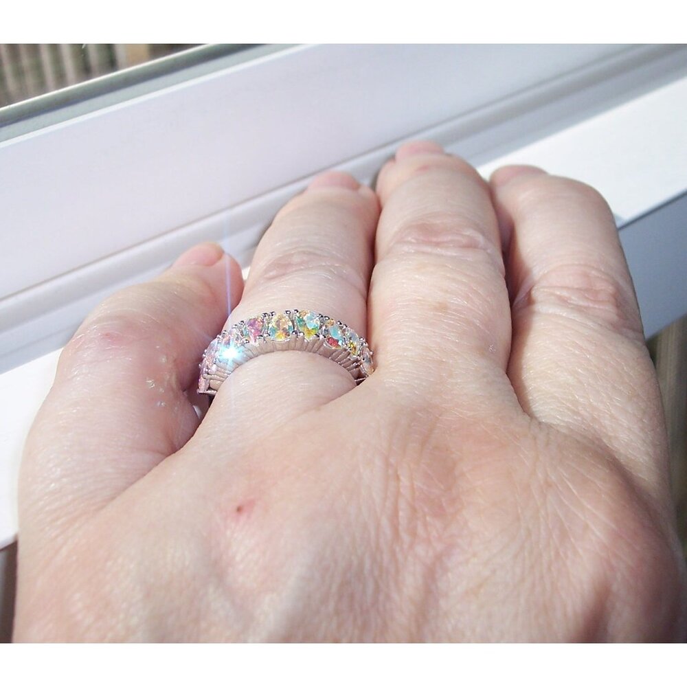 925 STERLING SILVER Aurora Borealis Cubic Zirconia Band Ring - Picture 7 of 16